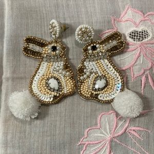 Beaded Gold Bunny Earrings with Pom poms